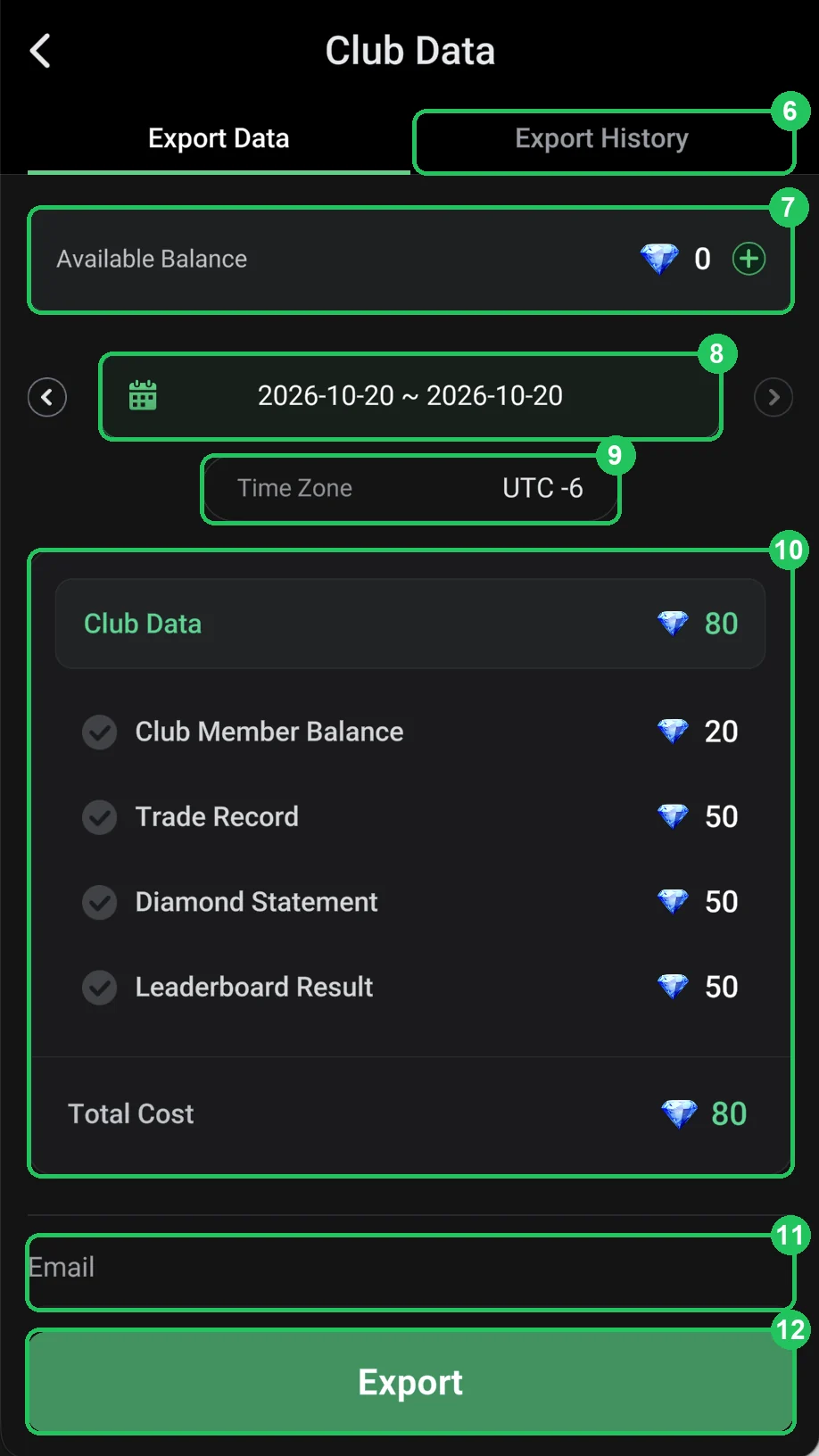 ClubGG: 6–12: Export Data — Diamond balance, period, reports and e-mail.