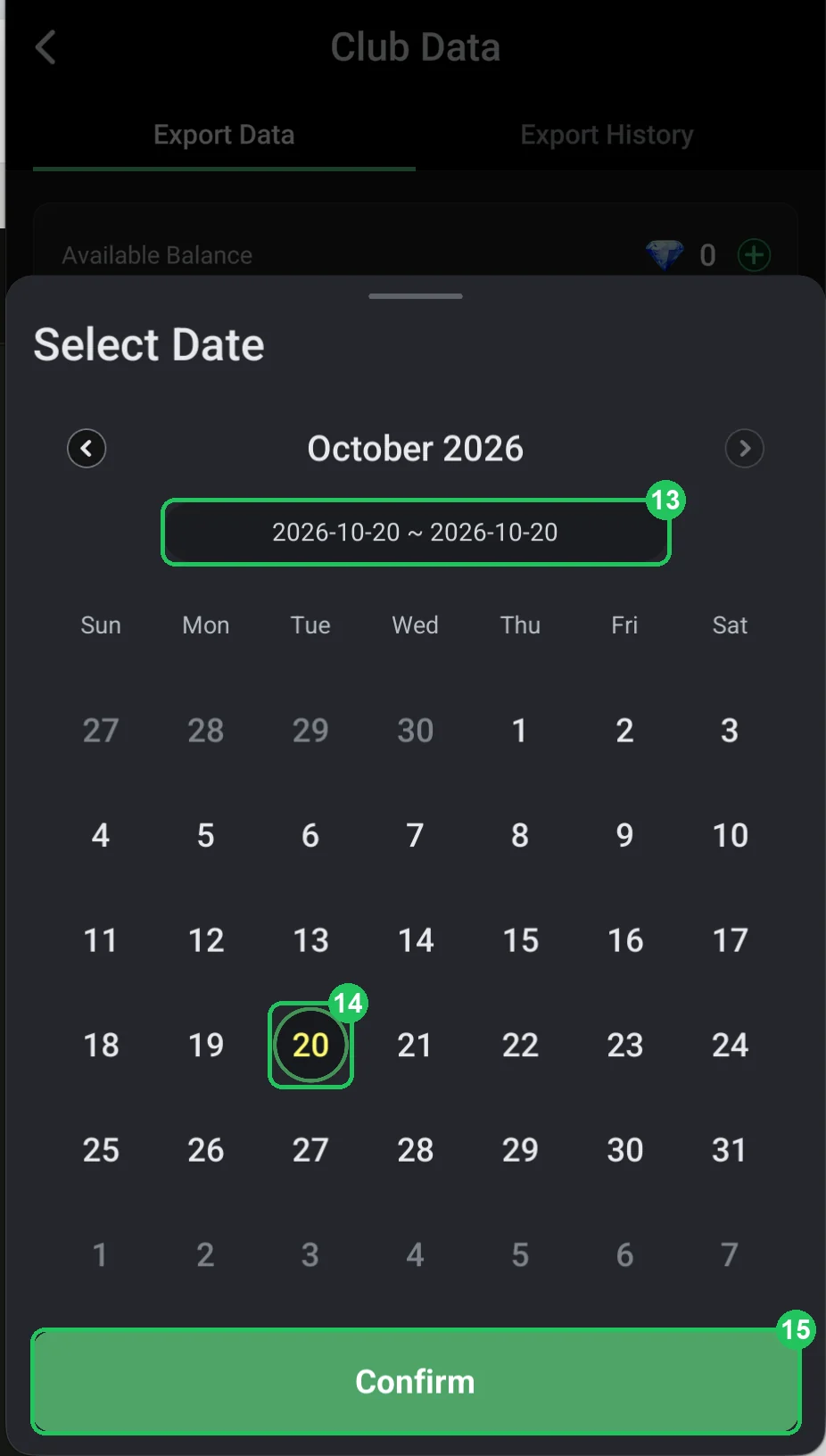 ClubGG: 13–15: picking a period in the calendar.