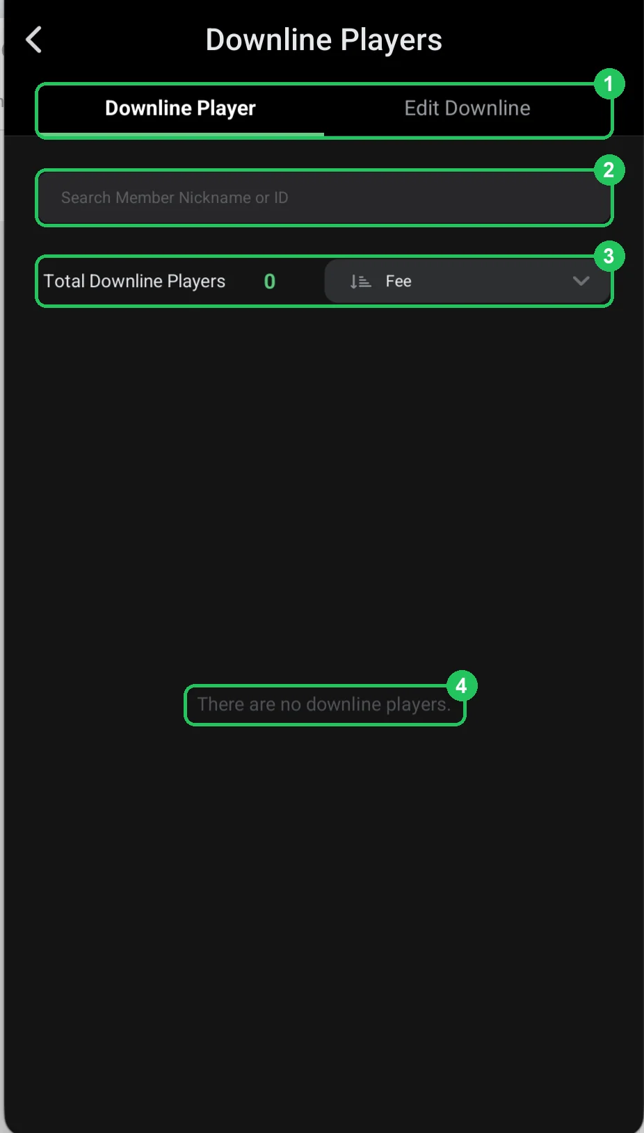 ClubGG: Downline Player: the agent’s player list — empty for now.
