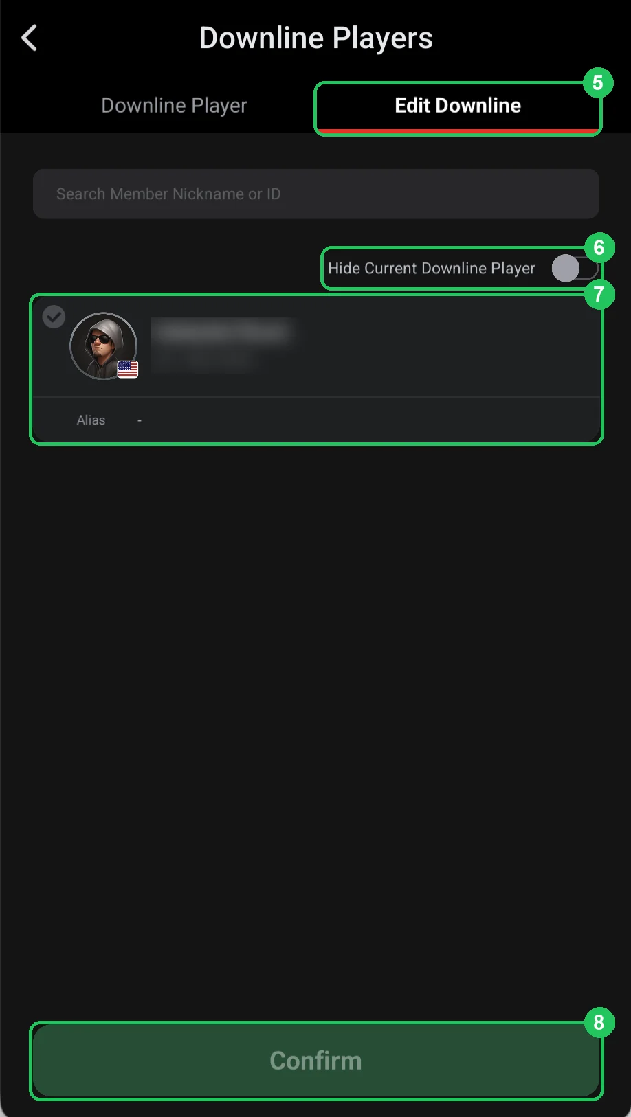 ClubGG: Edit Downline: choosing players to assign to the agent.