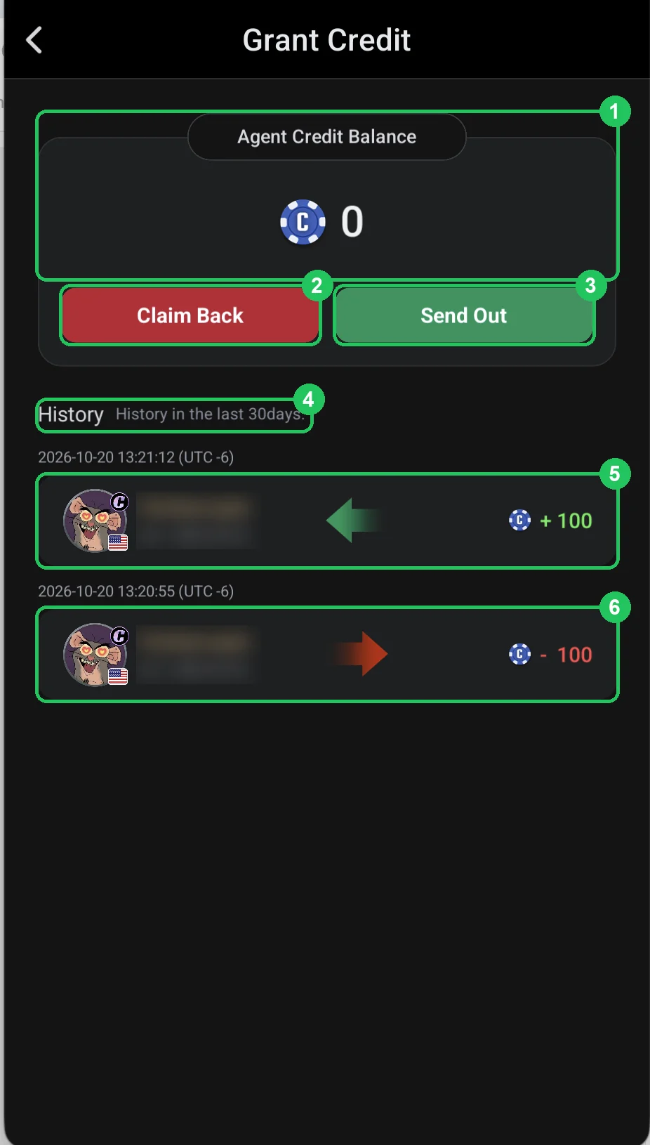 ClubGG: Grant Credit: the agent’s credit balance, Send Out, Claim Back and transaction history.