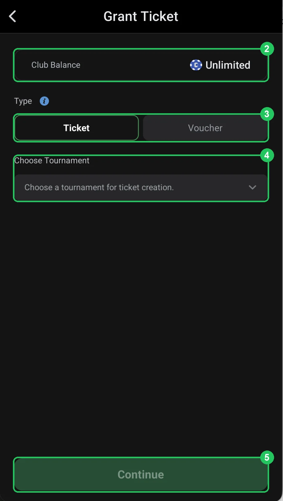 ClubGG: Grant Ticket: a ticket to a chosen tournament (Ticket).