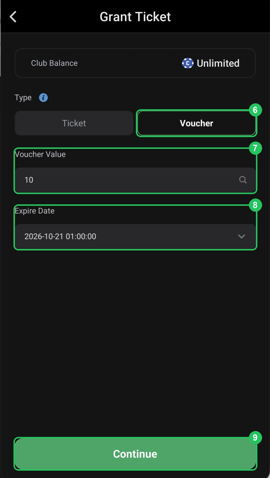 ClubGG: Grant Ticket: a voucher with an amount and expiry date (Voucher).
