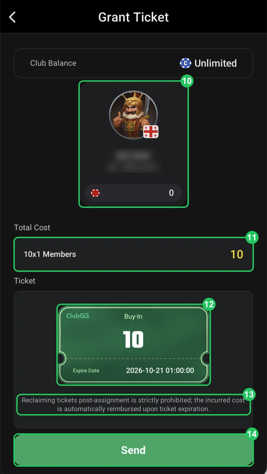 ClubGG: Confirmation: the cost, the ticket and the Send button.