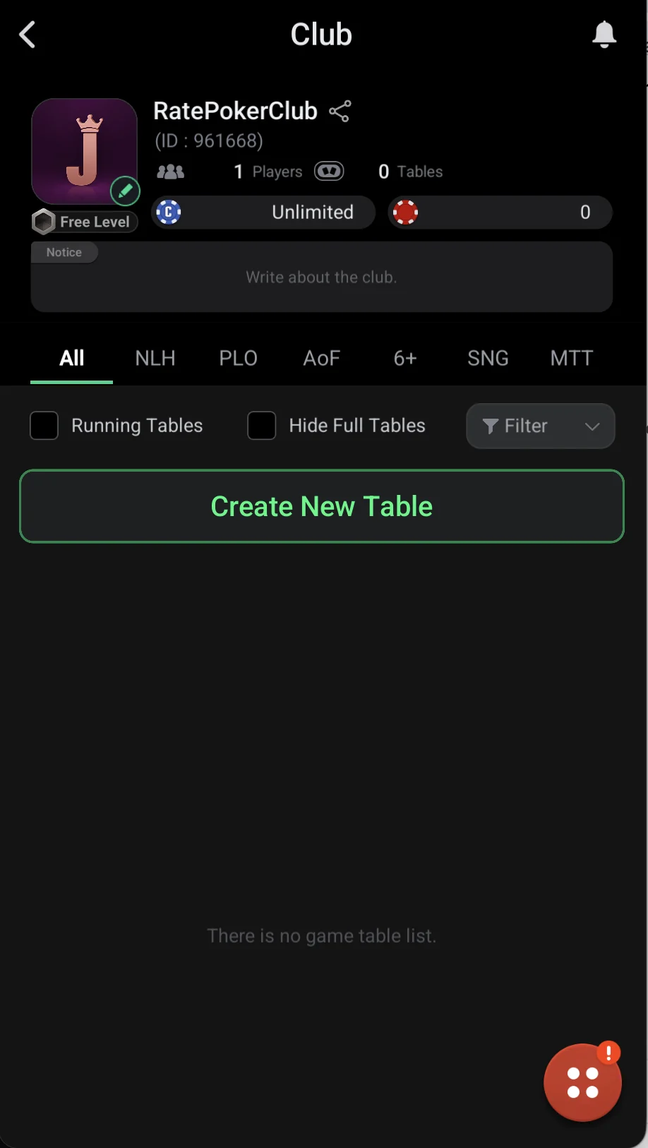 ClubGG: Club lobby: the ID under the name and the Share button.