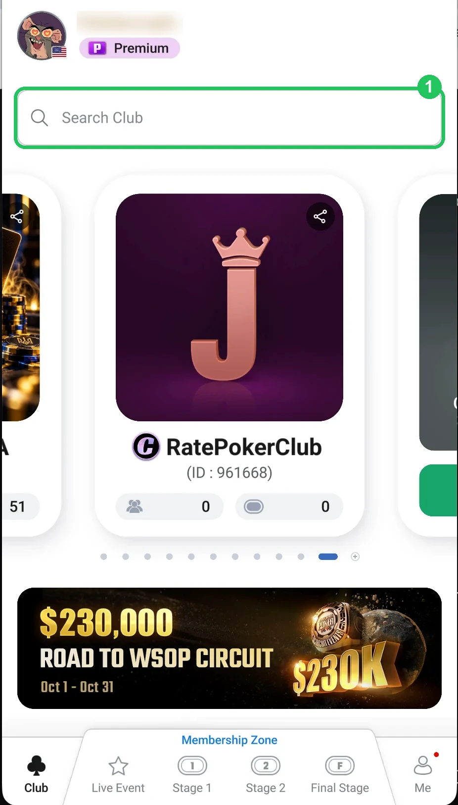 ClubGG: Step 1: the Search Club field on the home screen.