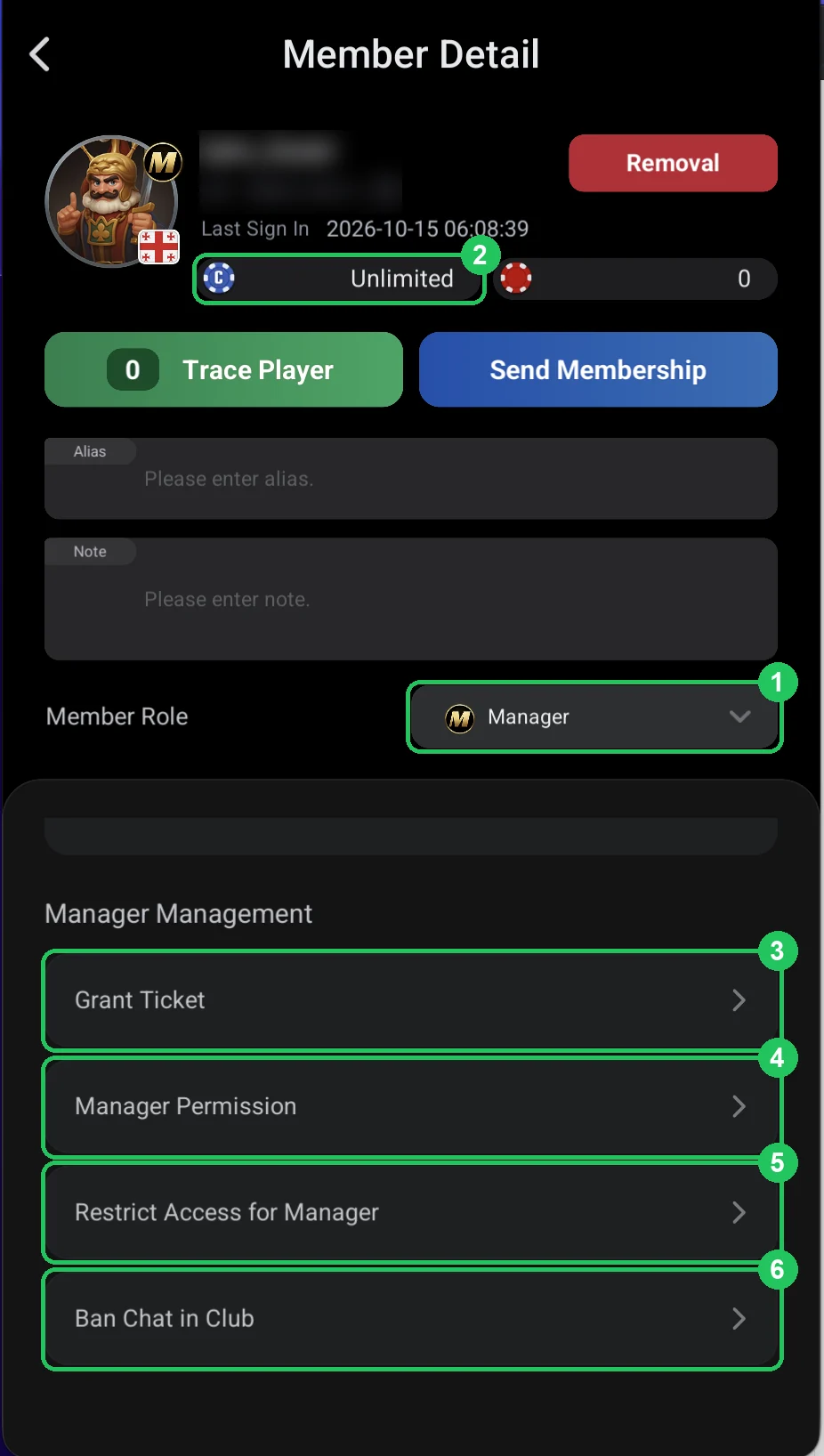 ClubGG: The manager card: Manager role, unlimited credit and Manager Management.