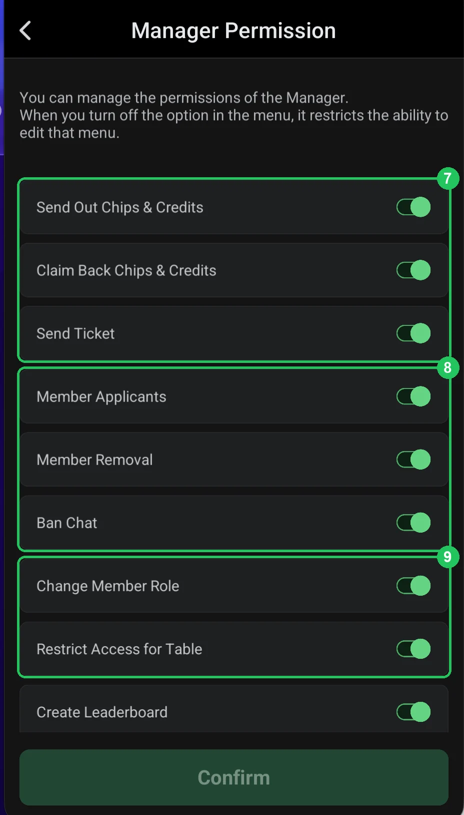 ClubGG: Manager Permission: chips and credit, requests, removal, chat, roles and access.