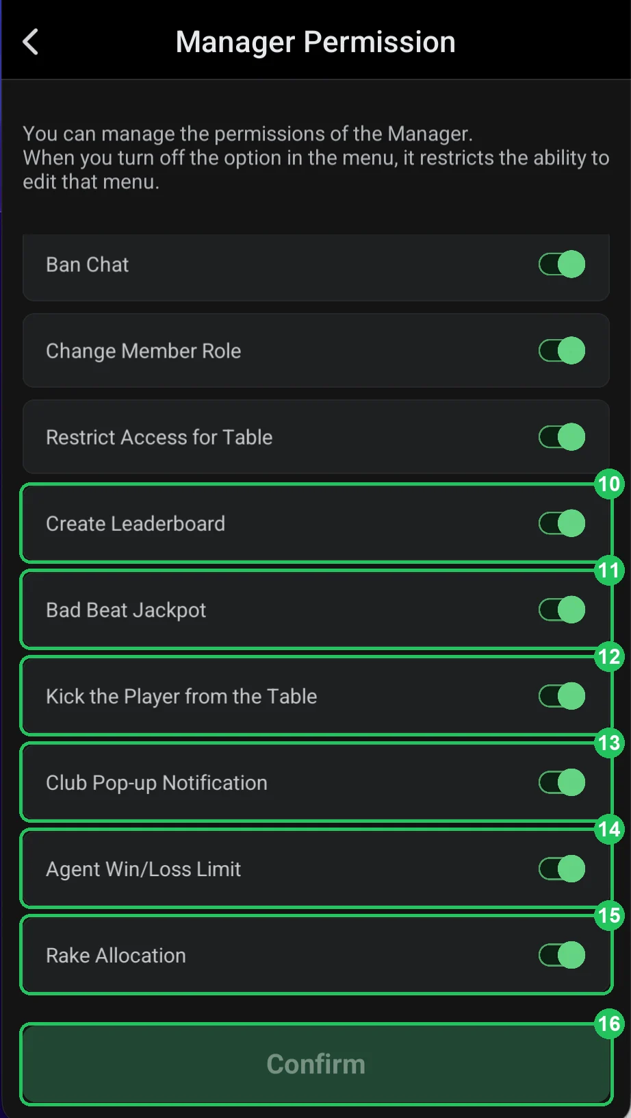 ClubGG: Manager Permission: leaderboards, jackpot, kicking from a table, notifications, agent limits, rake.