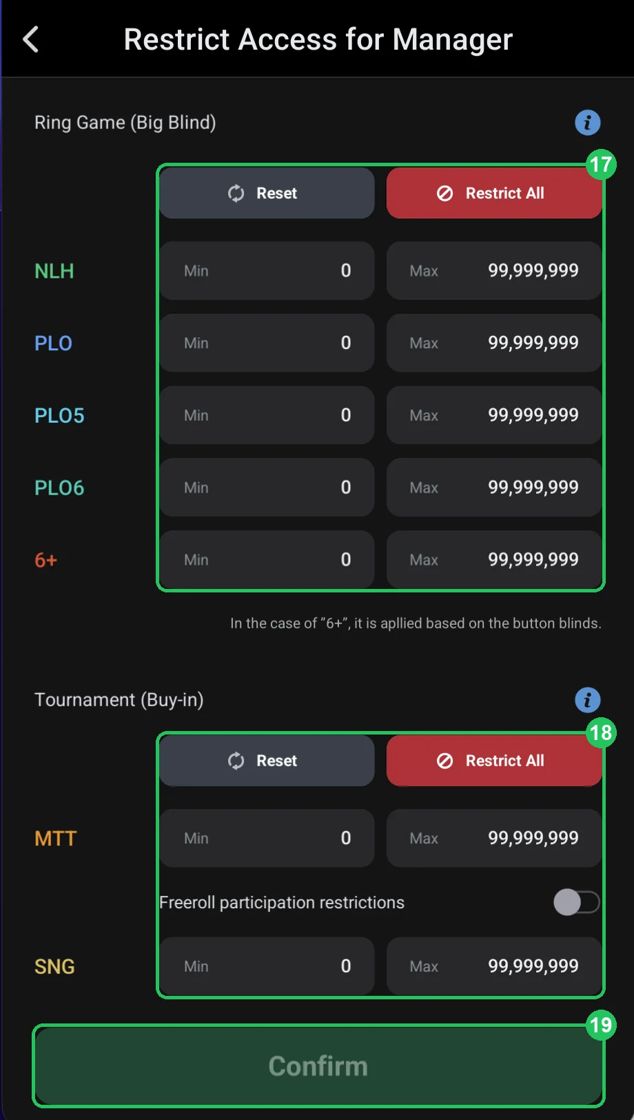 ClubGG: Restrict Access for Manager: the stakes the manager can play.