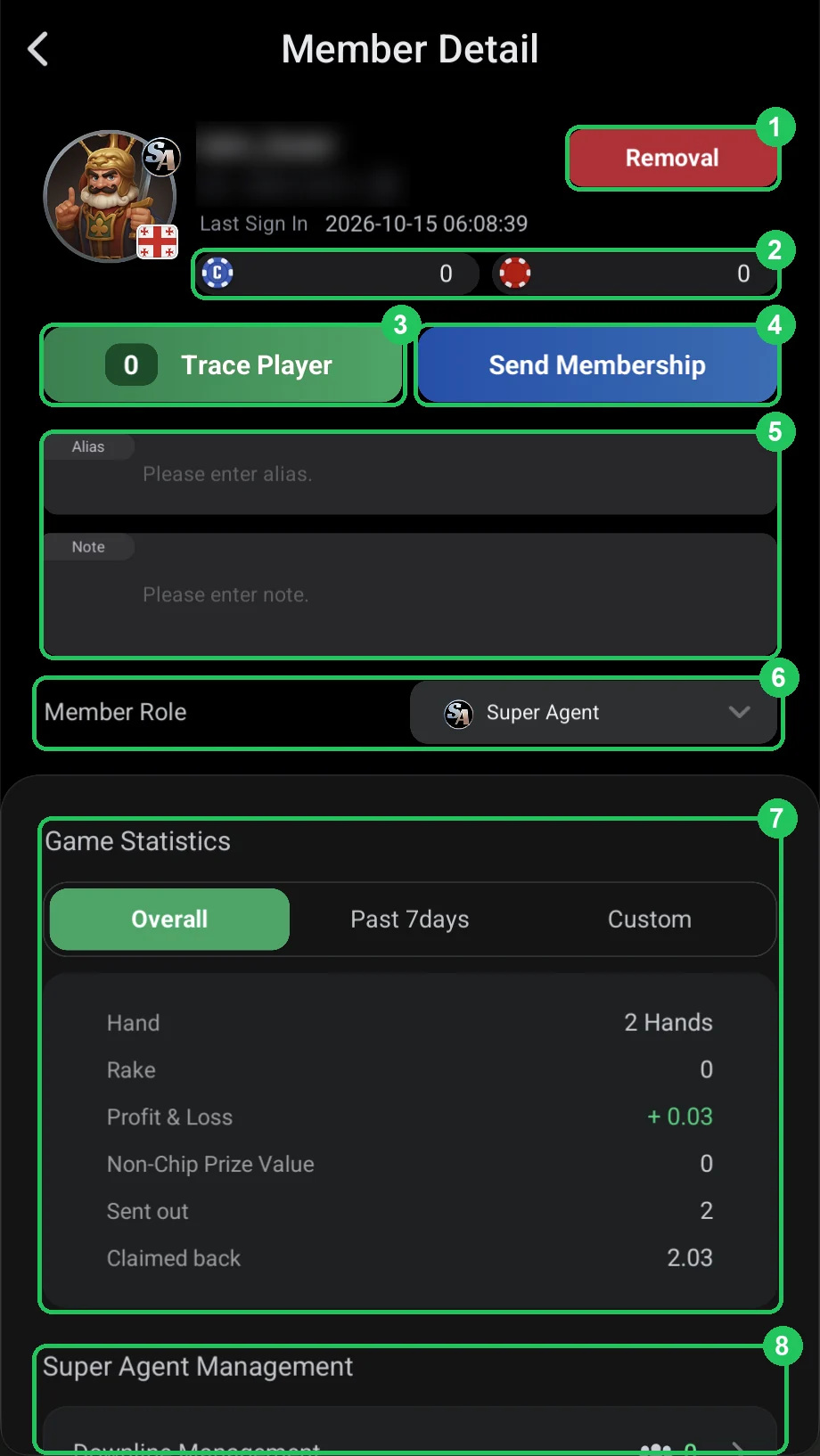 ClubGG: Member Detail: the member card — role, balances, stats and downline management.