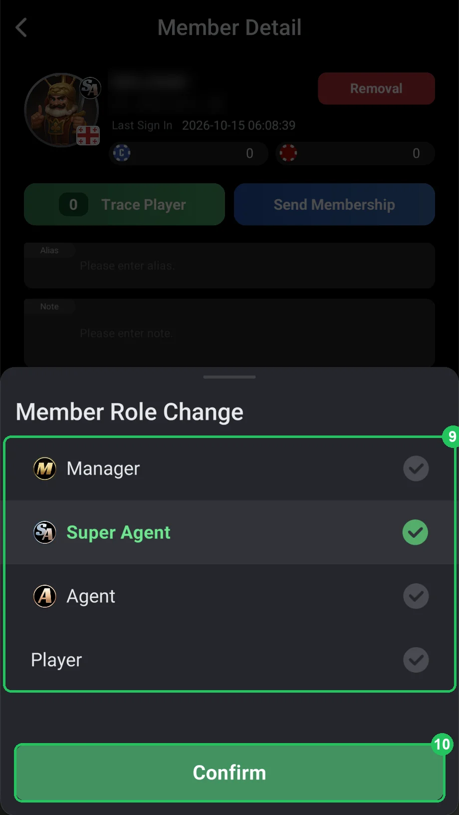 ClubGG: Member Role Change: choosing Manager, Super Agent, Agent or Player.