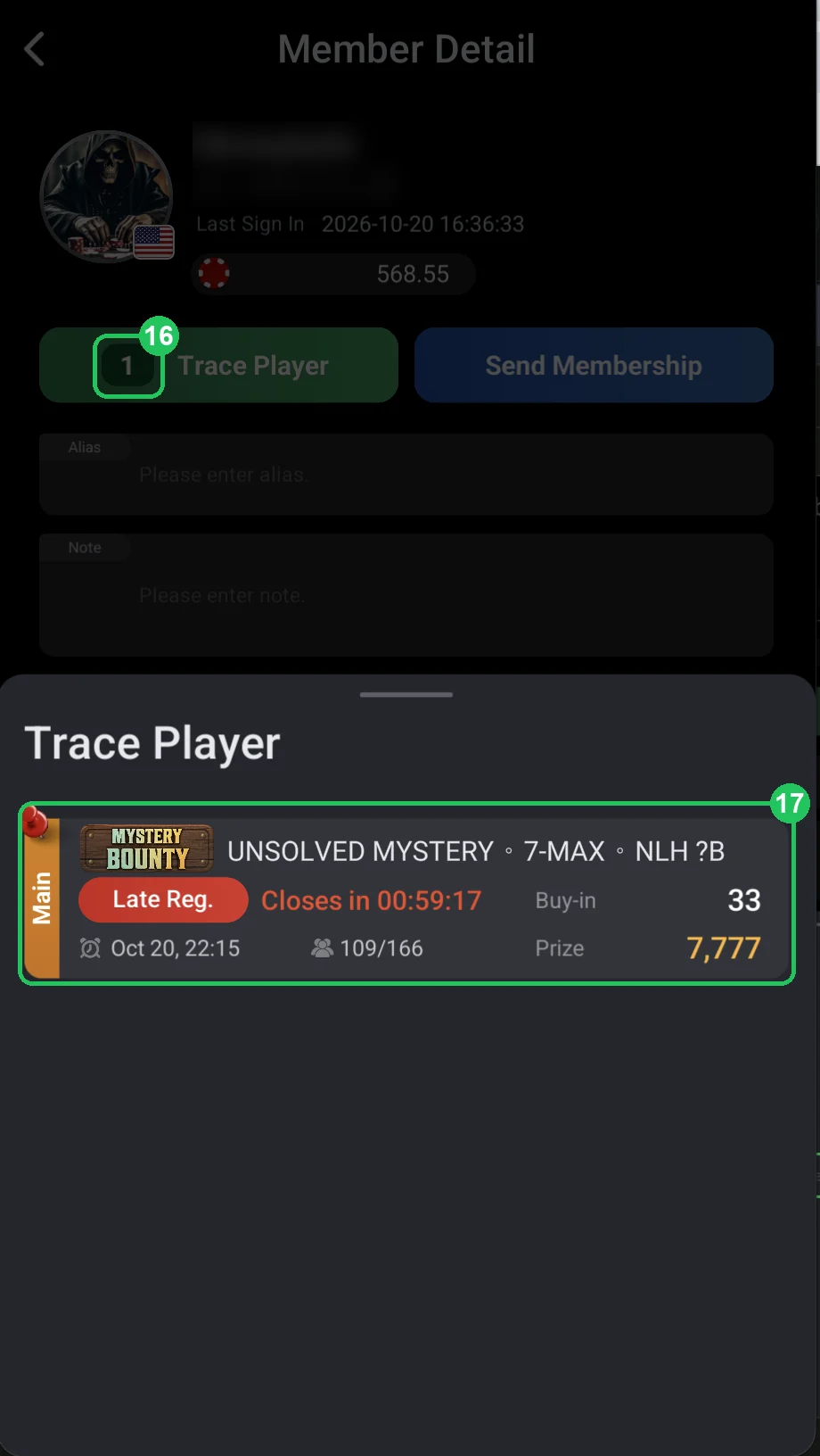 ClubGG: Trace Player: the game the member is in right now.