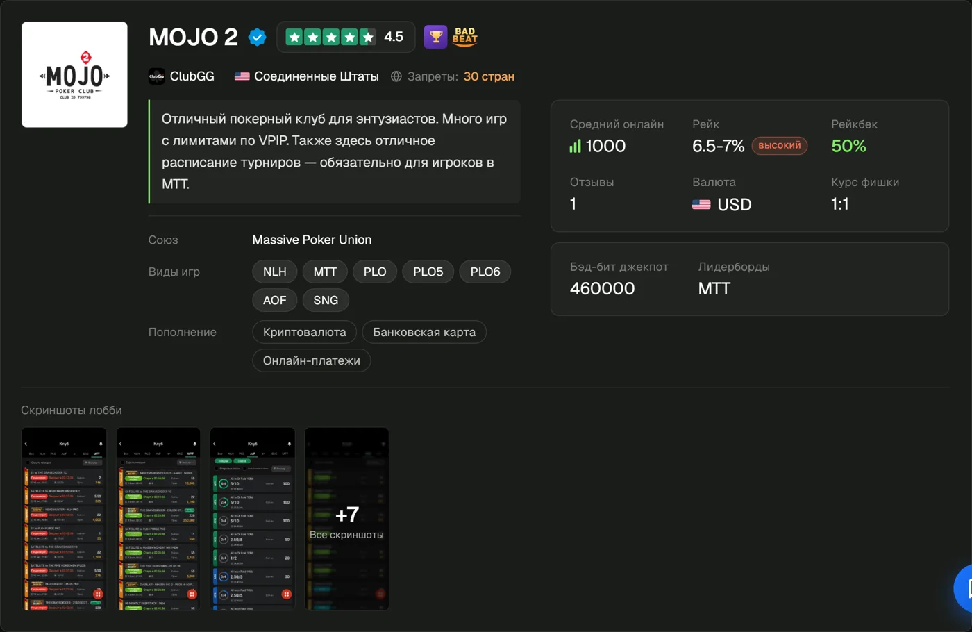 A club card in our catalog: online, rake, rakeback, chip rate, union, games and deposit methods