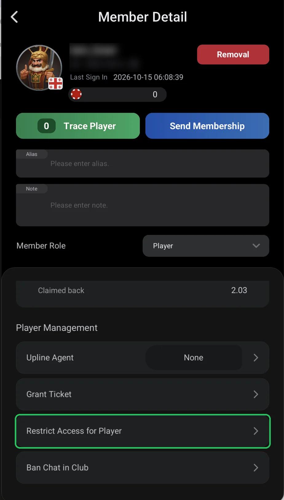 ClubGG: Player Management: the Restrict Access for Player item.