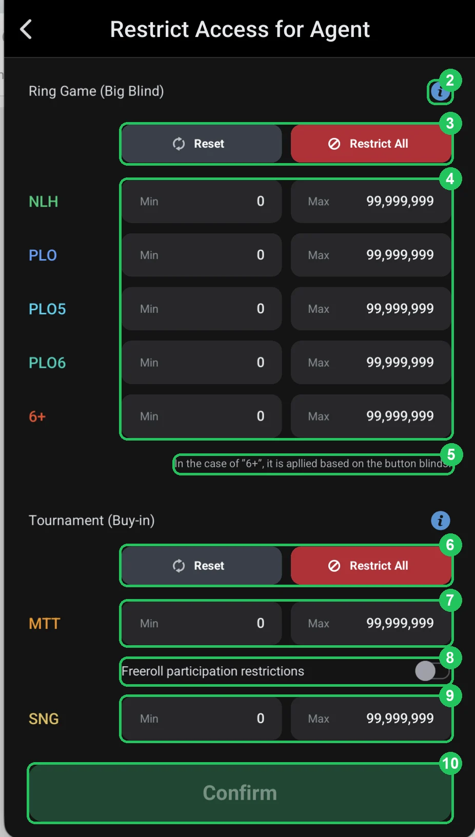 ClubGG: Restrict Access for Agent: cash and tournament limits for the agent and their whole line.