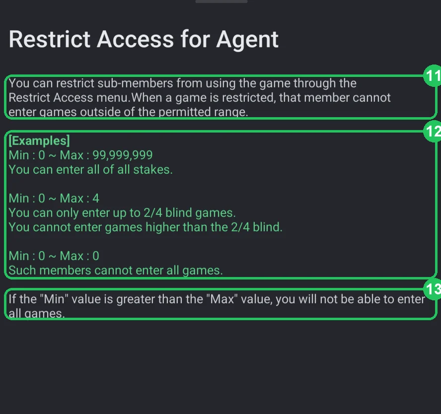 ClubGG: The hint: restrictions apply to sub-members, Min and Max examples.