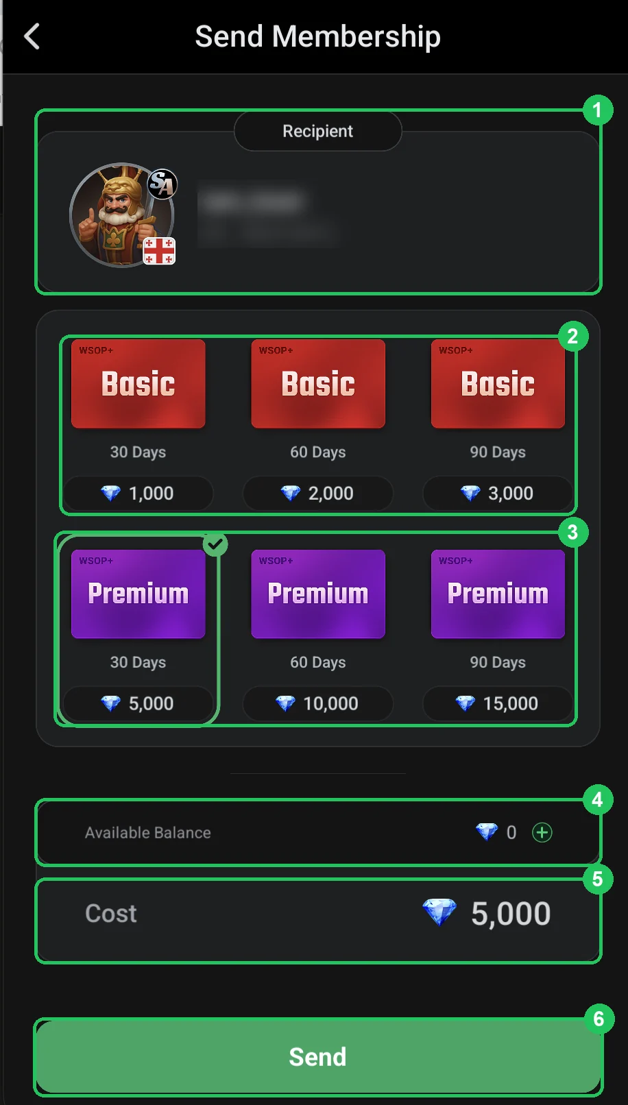 ClubGG: Send Membership: recipient, WSOP+ Basic and Premium options, Diamond balance and cost.