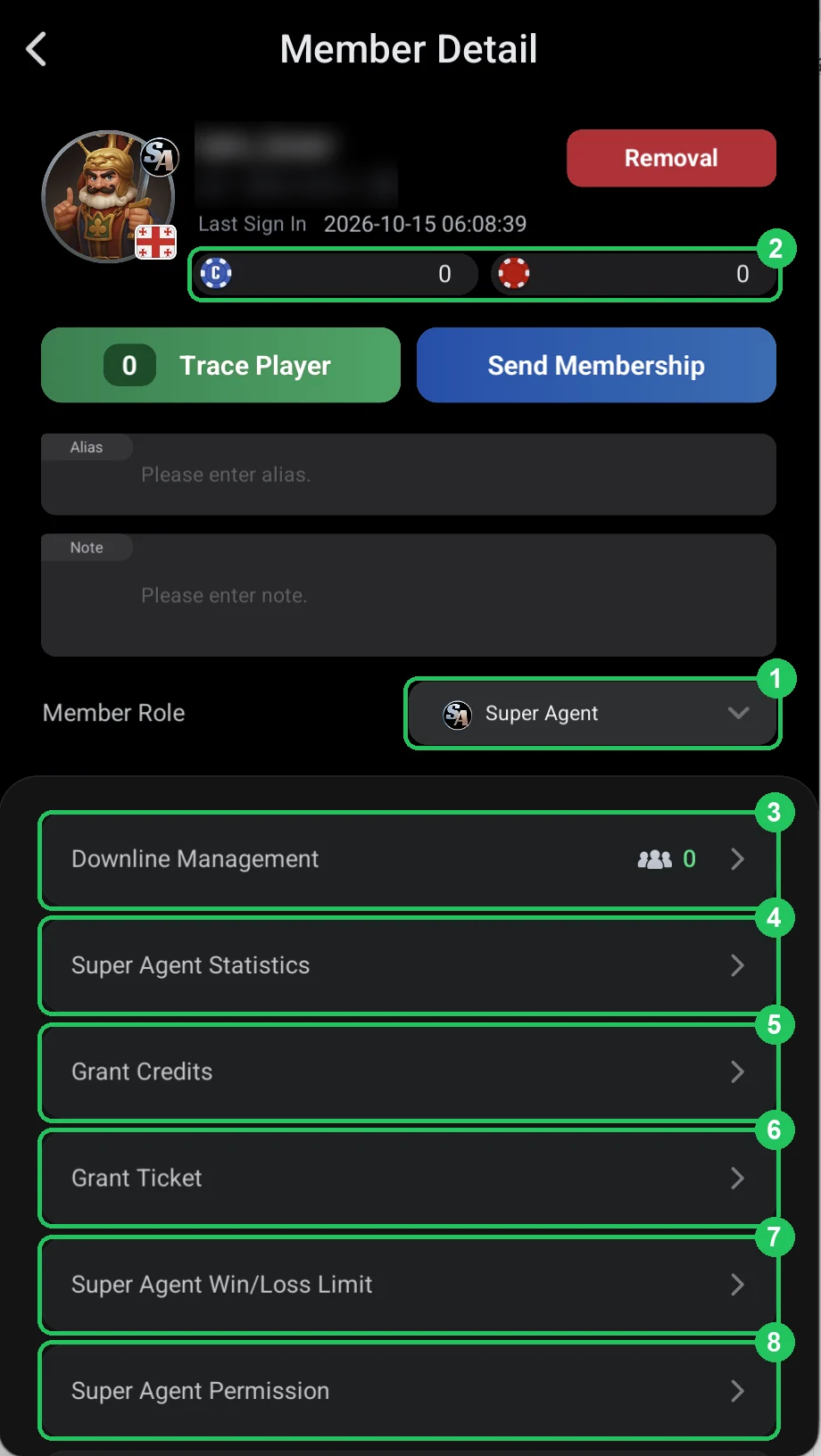 ClubGG: The super agent card: the Super Agent role and their settings.