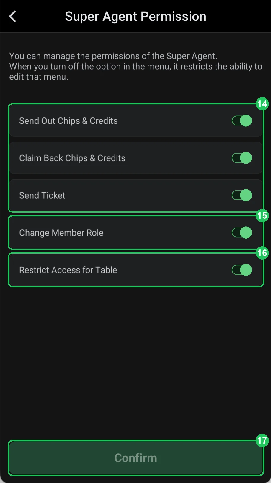 ClubGG: Super Agent Permission: agent rights plus Change Member Role and Restrict Access for Table.