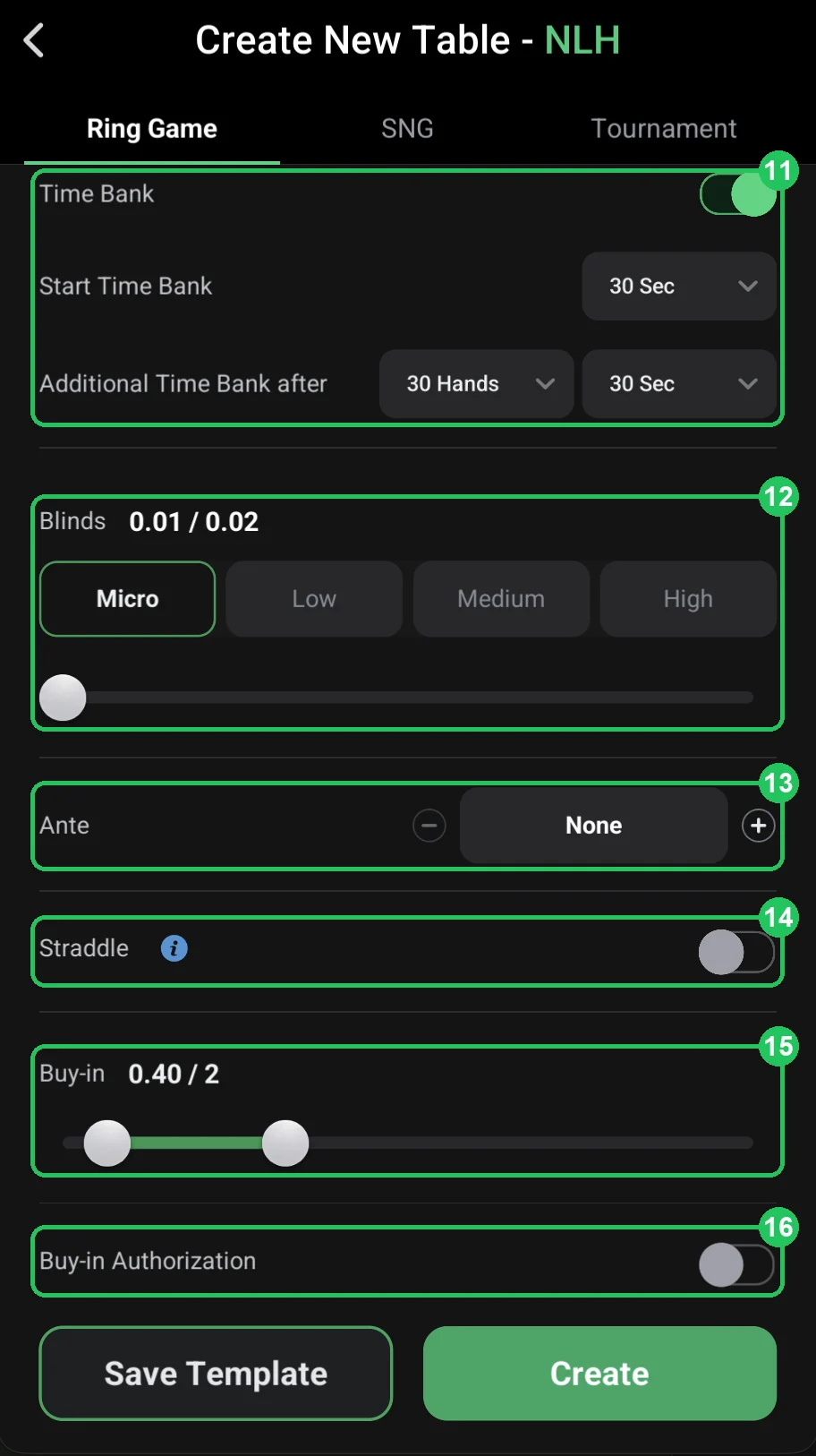 ClubGG: 11–16: time bank, blinds, ante, straddle, buy-in and buy-in authorization.