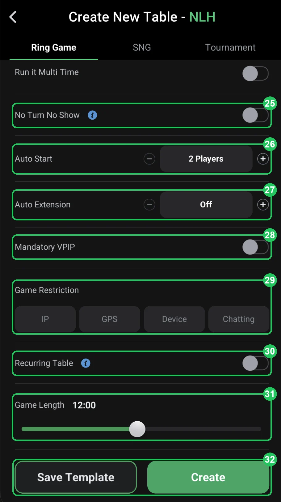 ClubGG: 25–32: No Turn No Show, auto start, auto extension, VPIP, IP/GPS/Device/chat restrictions, recurring table, game length, Save Template and Create.
