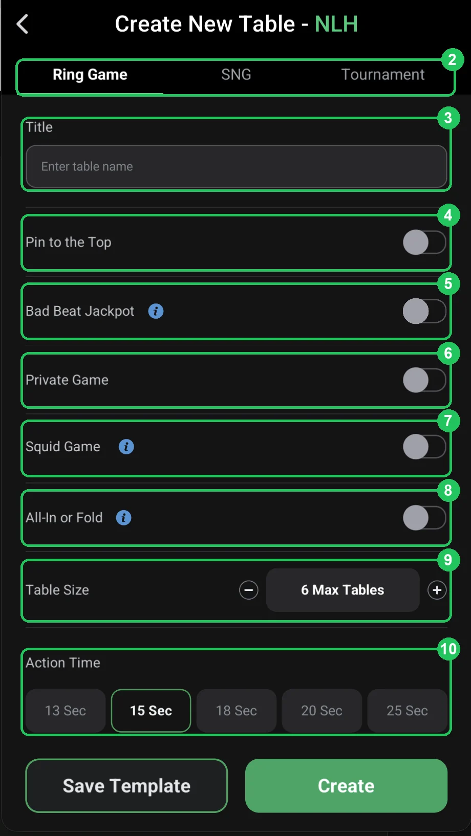 ClubGG: 2–10: format, title, jackpot, modes, seats and action time.