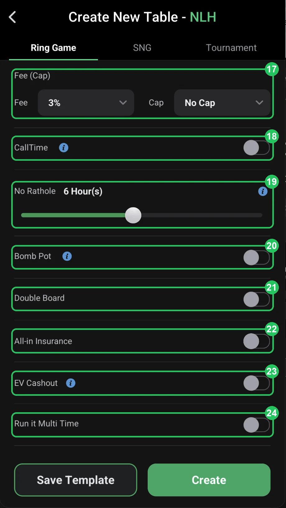 ClubGG: 17–24: rake and cap, table rules, bomb pot, insurance, EV Cashout.
