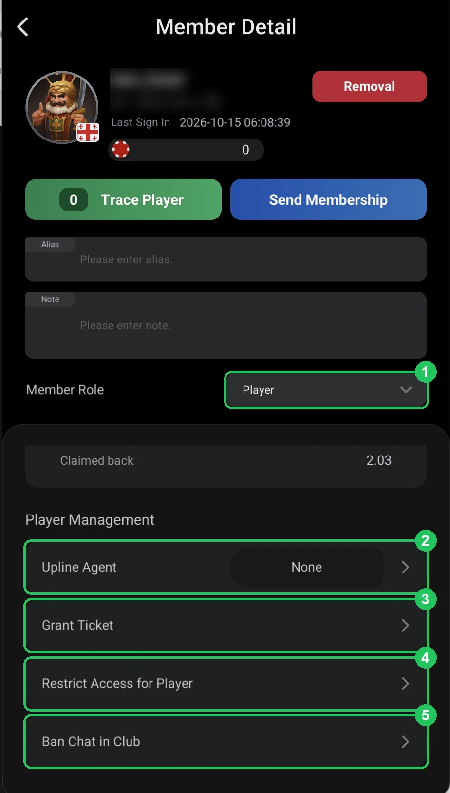 ClubGG: A player’s Member Detail: the Player Management block — Upline Agent, Grant Ticket, Restrict Access, Ban Chat.