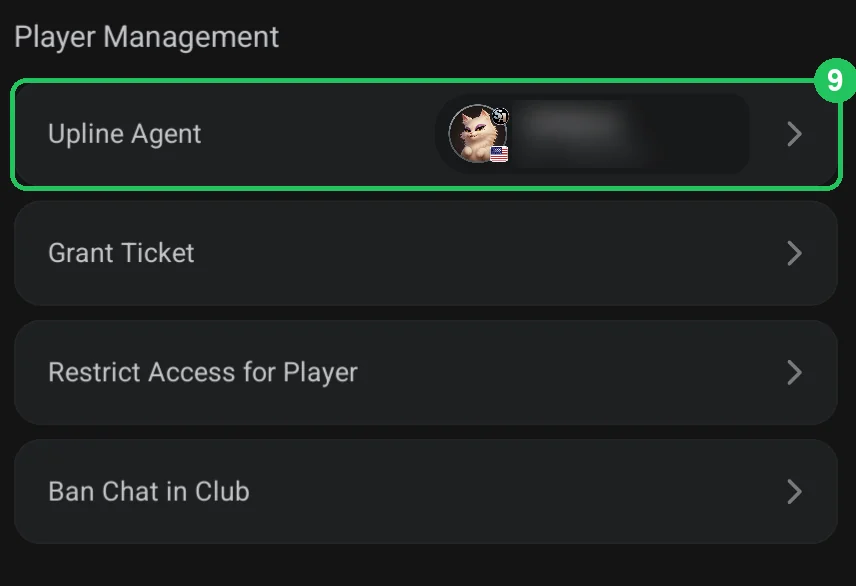 ClubGG: Upline Agent: the player is linked to an agent.