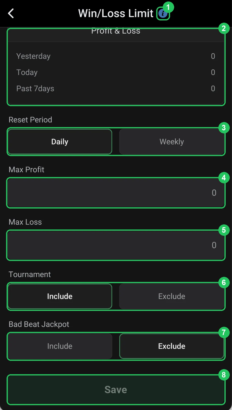 ClubGG: Win/Loss Limit: the line’s result, reset period, Max Profit, Max Loss, tournaments and jackpot.