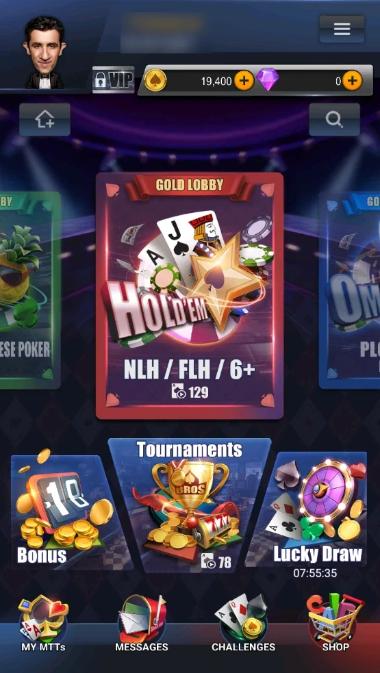 PokerBros: Home screen: the house with a plus at the top left.