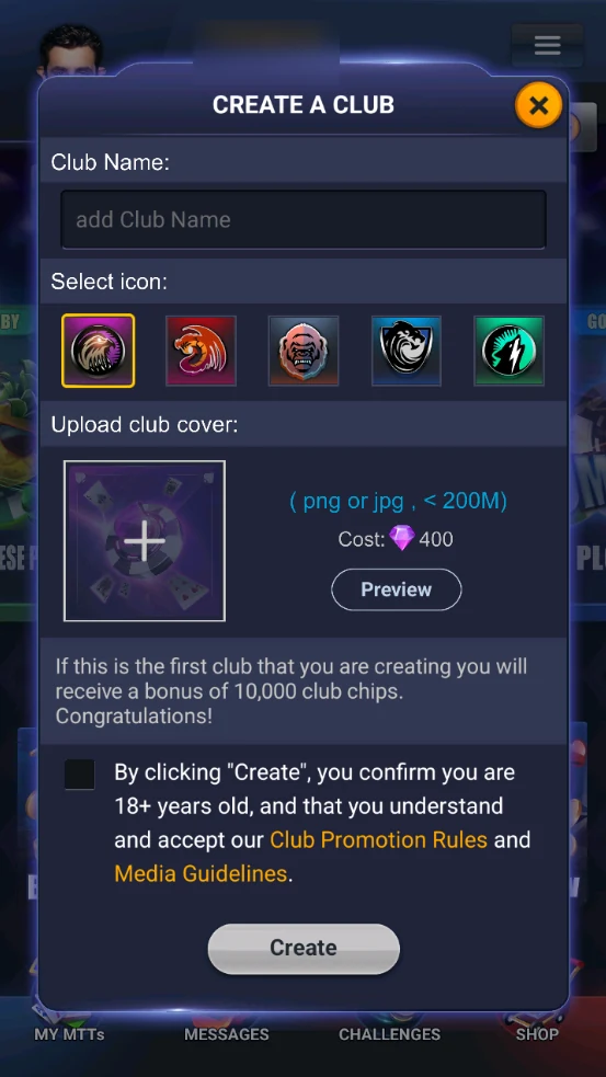 PokerBros: Create a Club: name, icon, cover for 400 diamonds.
