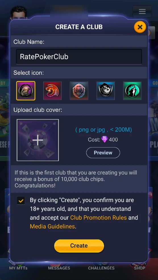 PokerBros: Name entered, 18+ and rules ticked — Create.