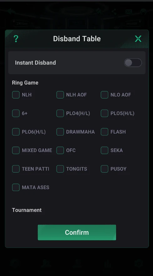 PPPoker: Disband Table: pick games and Instant Disband.