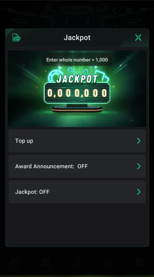PPPoker: Jackpot: top-up, award announcements and on/off.