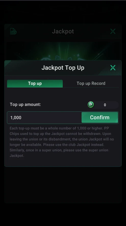 PPPoker: Jackpot Top Up: 1,000+ chips, can’t be withdrawn.