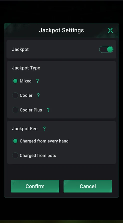 PPPoker: Jackpot Settings: jackpot type and how the fee is charged.