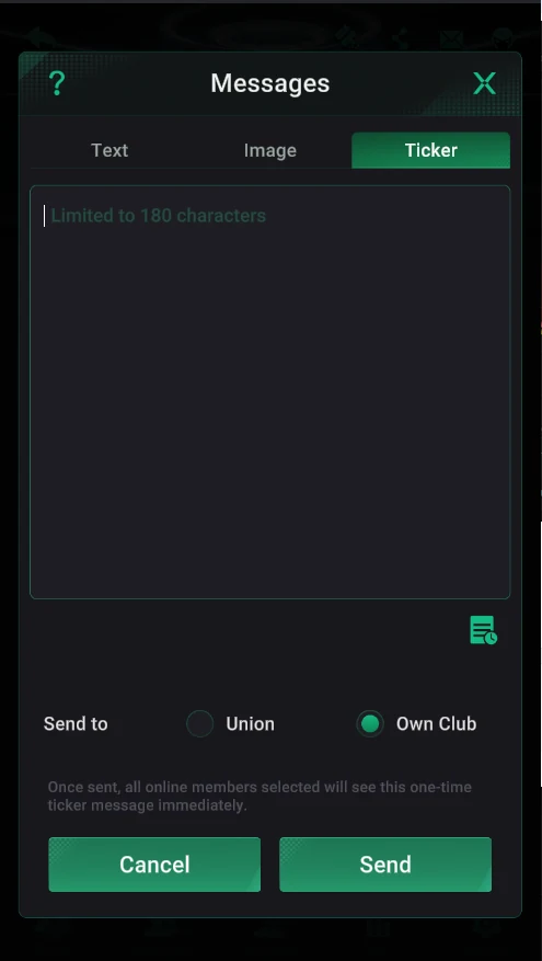 PPPoker: Ticker: a scrolling line up to 180 characters.