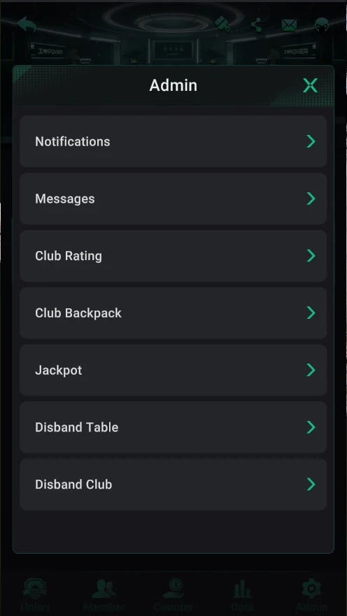 PPPoker: Admin: notifications, messages, rating, backpack, jackpot, disband table and club.