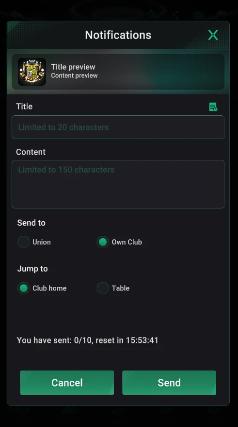 PPPoker: Notifications: title, content, recipients and destination.