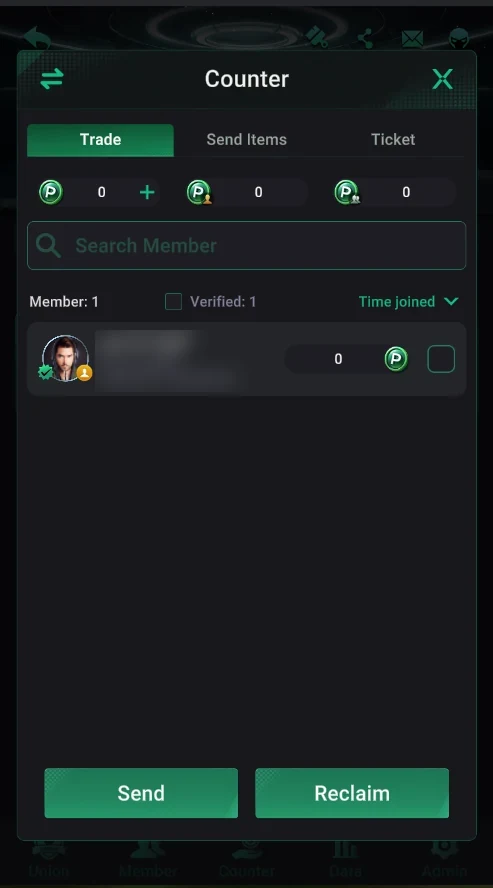 PPPoker: Counter → Trade: balances, members, Send and Reclaim.