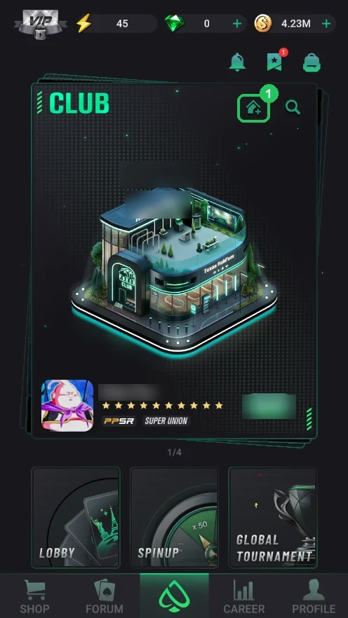 PPPoker: Home screen: the house-with-plus icon on the Club card.