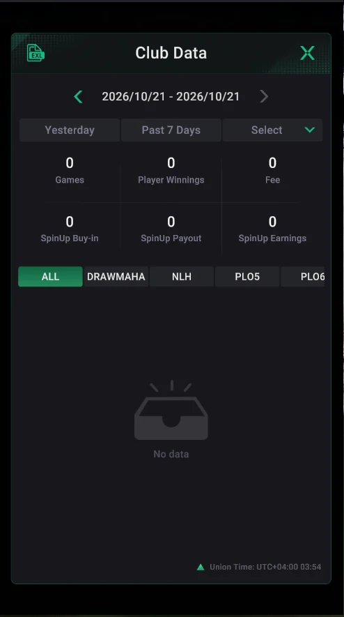 PPPoker: Data → Club Data: games, player winnings, fee and SpinUp.