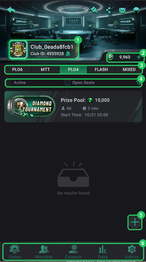 PPPoker: Club lobby: 1 — name and ID, 2 — balance, 3 — tabs, 4 — filters, 5 — “+”, 6 — bottom tabs.