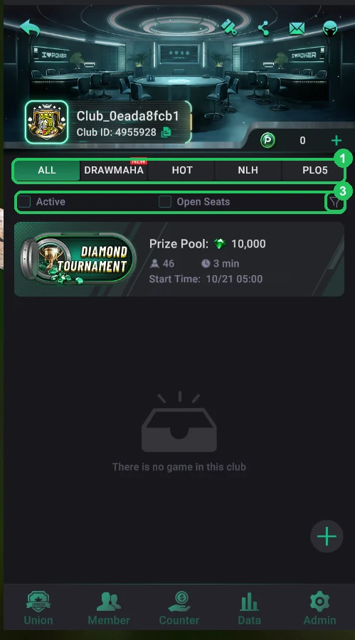PPPoker: Game tabs, Active and Open Seats, the filter icon.