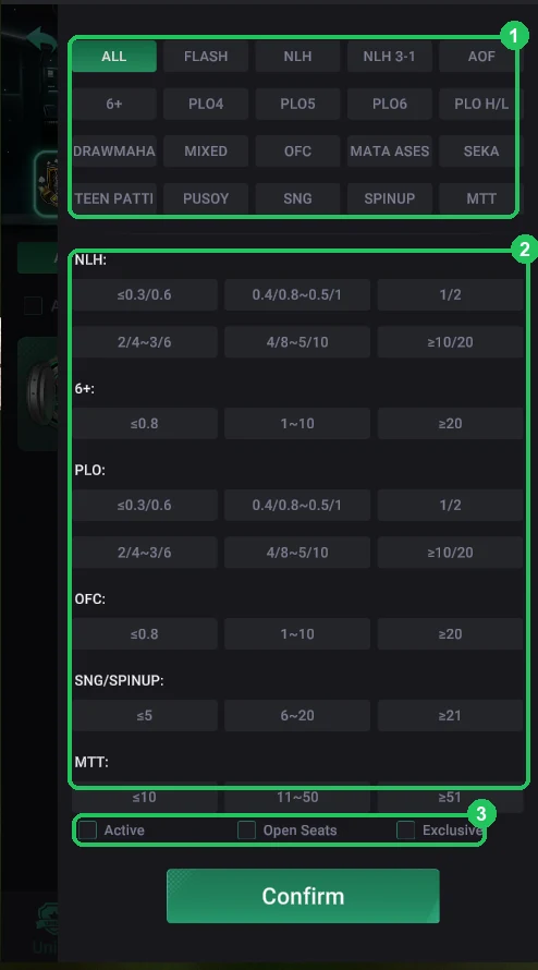 PPPoker: Filter: games, stakes and Active / Open Seats / Exclusive.
