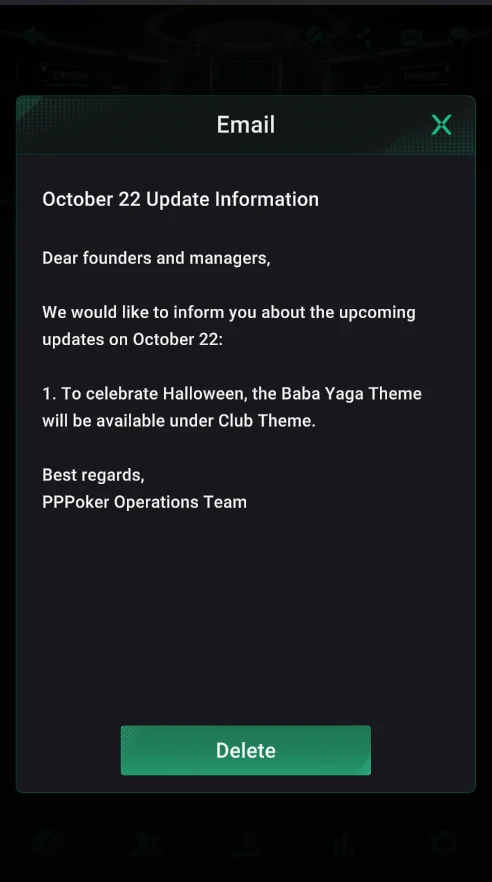 PPPoker: An update message: a new Halloween club theme.