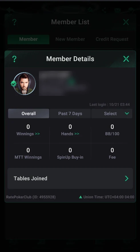 PPPoker: Member Details: winnings, hands, BB/100, MTT, SpinUp, fee.
