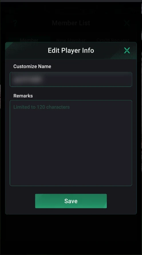 PPPoker: Edit Player Info: a custom name and a note.